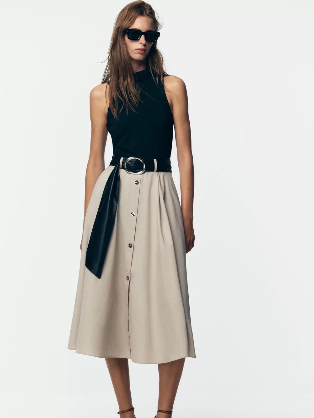 Zara Combination Sleeveless Turtleneck Classic Black & Khaki Midi Dress, NWT S